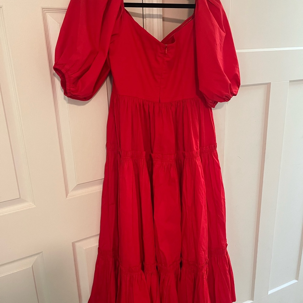 Red Midi Dress with Puff Sleeves